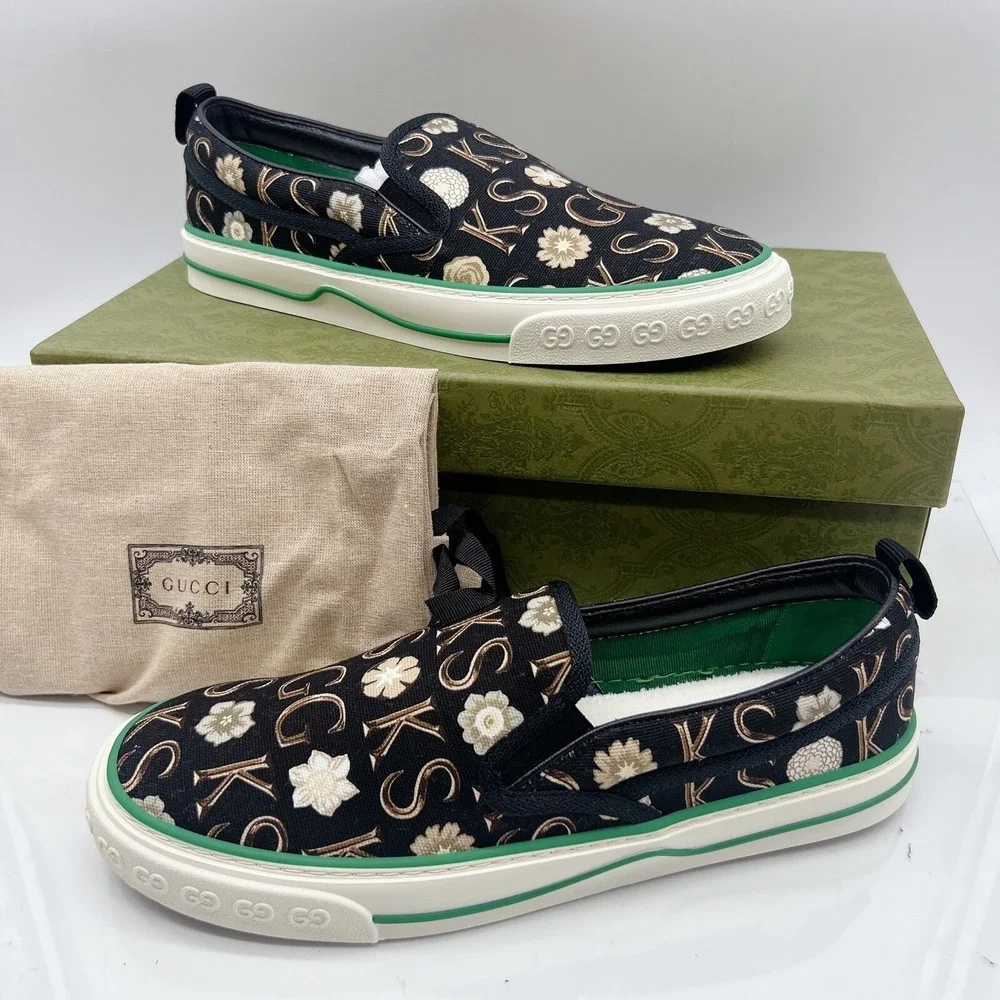 GUCCI Tennis 1977 Sneaker Ken Scott Print Mens Loafer Black White UK 8.5 US 9